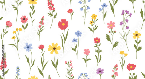 Colorful seamless pattern of diverse wildflowers and meadow plants in bloom on a white background for fresh botanical designs.