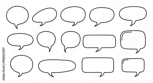 Collection of hand drawn speech bubbles and comic thought clouds are displayed in a clean grid for graphic design projects.