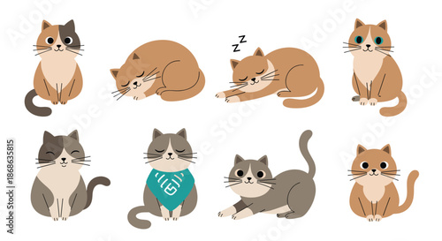 Diverse collection of eight cute cartoon cats in various poses including sitting, sleeping, and playing is shown on white.