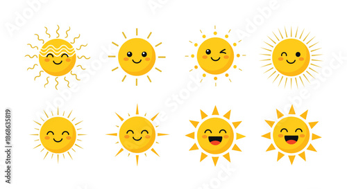 Set of eight happy cartoon suns with different facial expressions and ray designs brings cheer to any graphic project.
