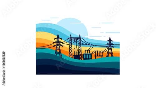 Electrical power substation with transmission towers and transformers.