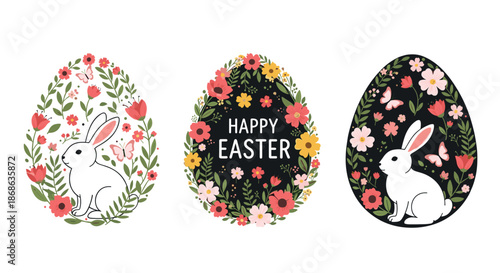 Collection of decorative Easter eggs with white rabbits and floral patterns are displayed on both white and black.