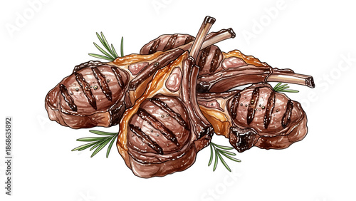 Grilled lamb chops with rosemary on a clean white background viewed from directly above