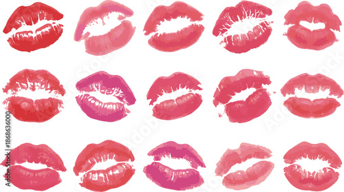 Different lipstick prints of women lips on white background