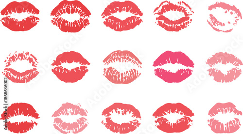 Different lipstick prints of women lips on white background