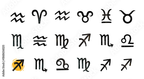 Complete collection of twelve astrological zodiac signs and horoscope symbols rendered in a rustic black ink brush stroke style.