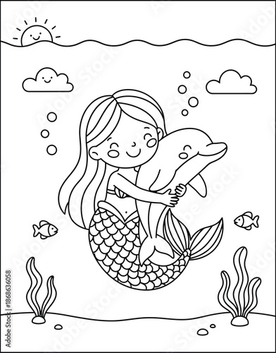 mermaid coloring page line art vector	