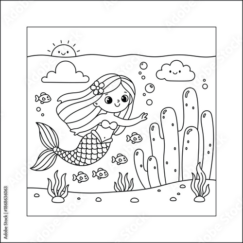 mermaid coloring page line art vector	