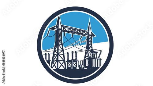 Industrial Electricity Pylon and Power Substation Graphic Emblem.