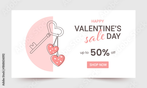 Valentines Day Sale Banner. Keyring with pink hearts and a discount card on a pink background. Promotion and shopping template for love day concept. Vector illustration.