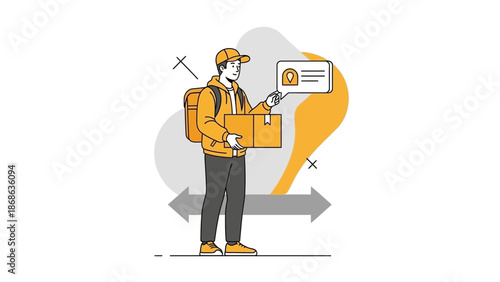 Delivery person with package and chat bubble, logistics, shipping, courier service concept.