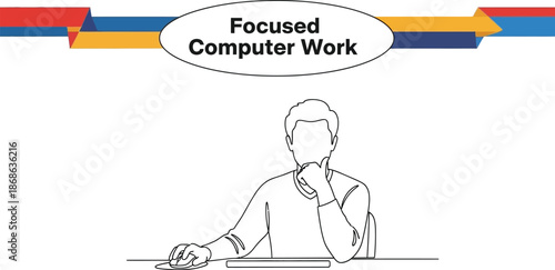 Black outline vector of man focused on computer work at desk