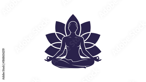 Silhouette of a person meditating in a lotus pose with a flower behind.