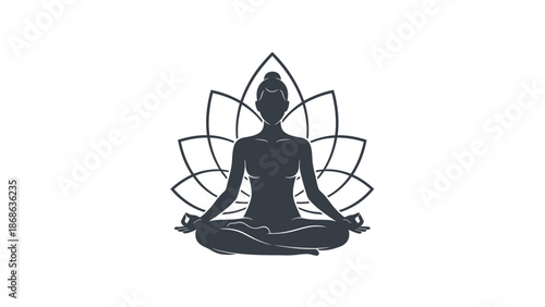 Serene silhouette of a person meditating in lotus position with a lotus flower outline.