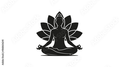 Silhouette of a person meditating in a lotus pose with a flower behind them.