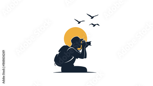 Silhouette of a photographer capturing a moment with a backpack and camera.