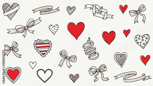 Hand drawn hearts and ribbons collection for Valentine's Day.