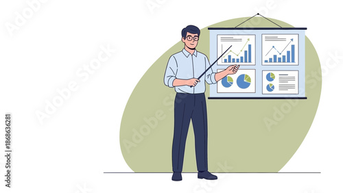 Male presenter pointing at a financial chart presentation board with graphs and pie charts.