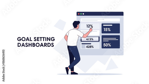 Man analyzing goal setting dashboard with charts and percentages, business strategy concept