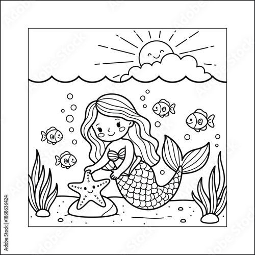 mermaid coloring page line art vector	