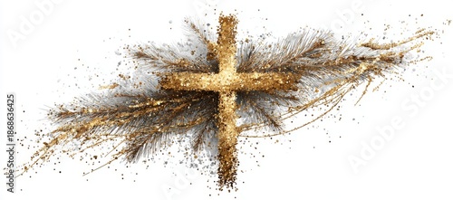 The golden Jesus cross appears on a copy space background, depicting ideas of religion, faith, worship, spirituality, and image technology