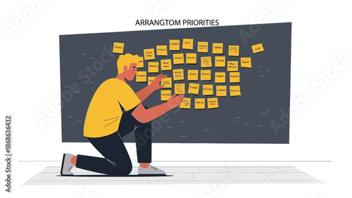 Man Arranging Sticky Notes on Board for Project Planning and Prioritization