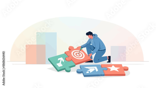 Man assembling puzzle pieces with target, arrow, and star symbols representing strategy and goals