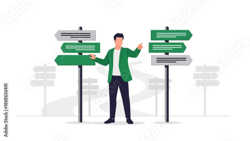 Man at crossroads pointing to different direction signs, making a choice