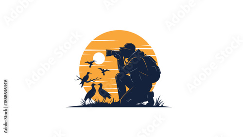 Silhouette of a wildlife photographer capturing birds in their natural habitat.