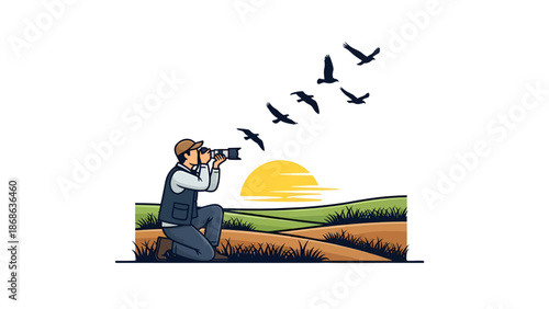 Wildlife photographer capturing birds in flight during a scenic sunset.