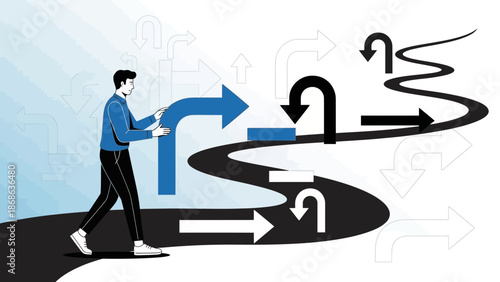Man changing direction of winding road with arrows, concept of choice and decision making
