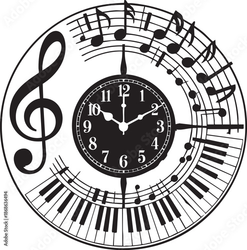 Black and white illustration of a clock surrounded by piano keys, musical notes, and a treble clef, representing the fusion of music and time.