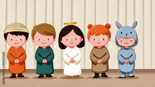 Kids in adorable animal costumes stand smiling together on stage