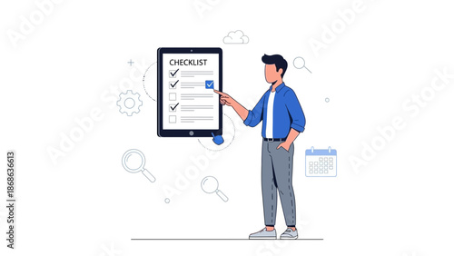 Man checking off task on digital checklist on tablet screen, task management concept