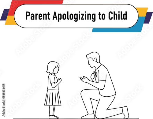 Black outline vector of father apologizing to young child