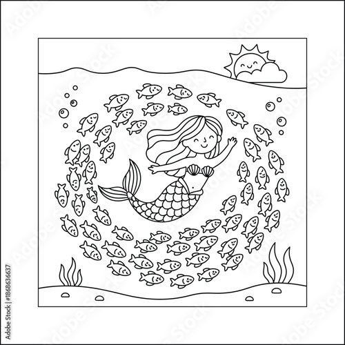 mermaid coloring page line art vector	