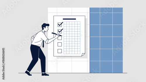 Man checking off tasks on a large checklist board, business concept