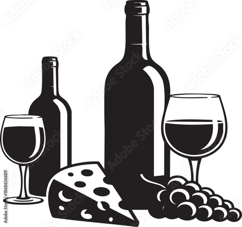 Two wine bottles accompanied by glasses, a bunch of grapes, and a wedge of cheese on a plain white background, representing a wine tasting experience.