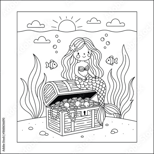 mermaid coloring page line art vector	