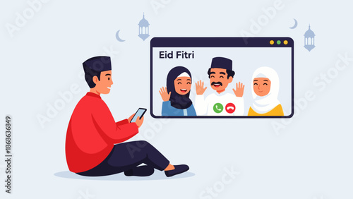 Flat vector illustration depicting the togetherness of family and friends through video calls on Eid al-Fitr, symbolizing boundless friendship, longing, and happiness.