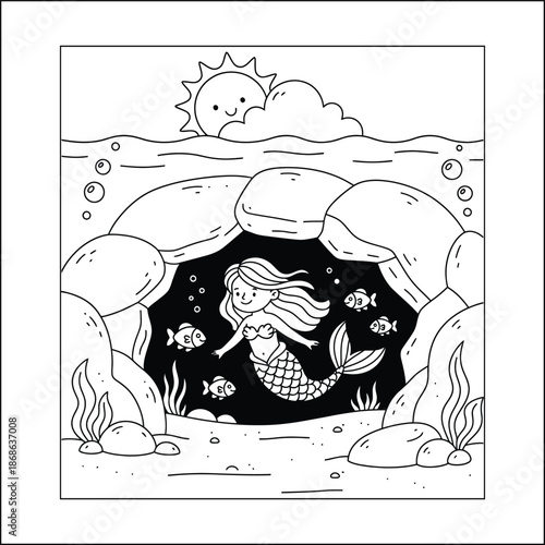 mermaid coloring page line art vector	