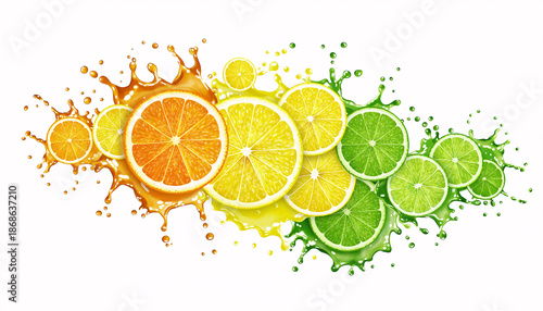 Colorful citrus fruit slices with vibrant juice splashes