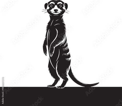 Meerkat stands upright on its hind legs looking directly at the viewer with a curious expression, showcasing detailed black and white illustration of this fascinating animal.