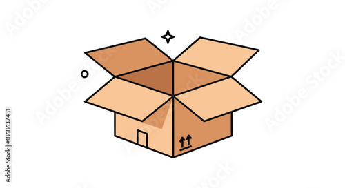 Isometric view of an empty open cardboard box with simple accents for unboxing, delivery, moving, and product packaging presentation themes.