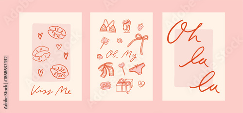 Coquette Valentine's day card set. Vector illustration of whimsical vintage romantic posters. Love line art whimsy trendy baroque doodles. Invitations, stationery, printables, social media templates