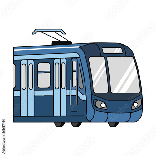 Modern public transport vehicle featuring a sleek urban tramway design for city travel isolated on a white background as a vector style locomotive or metro rail passenger trolley