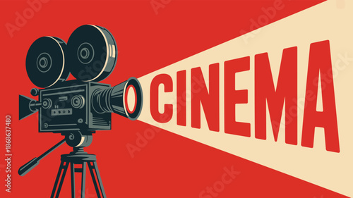 A classic vintage movie camera with film reels projecting the word CINEMA onto a red background