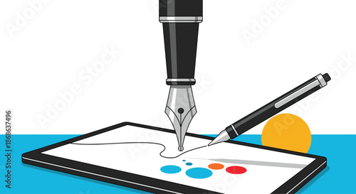 Elegant fountain pen drawing a smooth wave line on a digital tablet screen represents creative digital art, design, and modern calligraphy work.