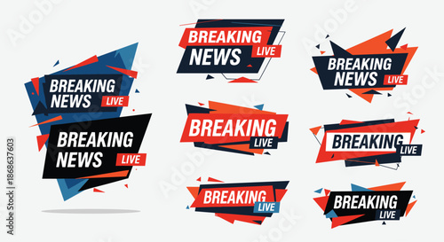 Breaking News Live banner collection with dynamic geometric shapes in red, blue, and black for television broadcasts and news media updates.