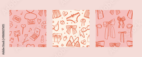 Valentine's day whimsical seamless pattern set. Whimsy elegant tea cup, love letter, gifts, bows, lingerie. Hand drawn doodle elements. Trendy cute design. Perfect for gift wrapping paper, background